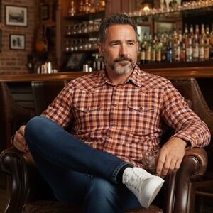 RARE Diesel Mens Plaid Western Shirt Orange Burgundy Distressed Cotton Button L